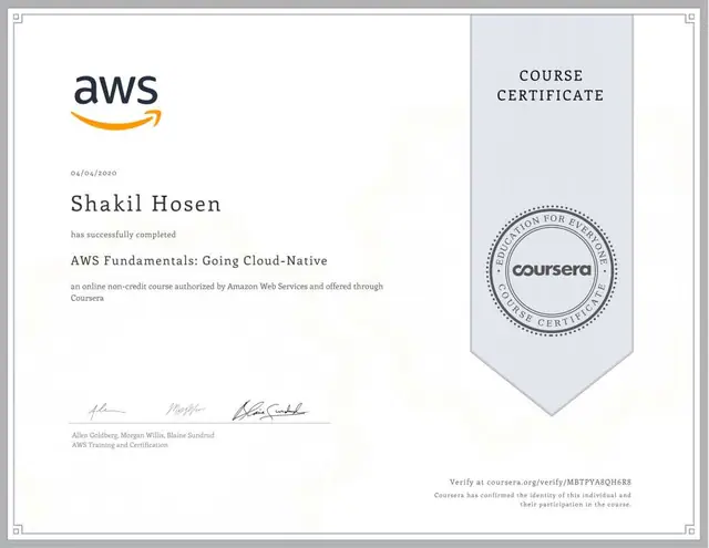 AWS Fundamentals: Going Cloud-Native certificate issued by Amazon Web Services — Coursera