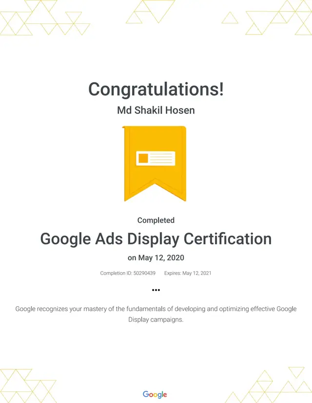 Google Ads Display Certification certificate issued by Google Inc.