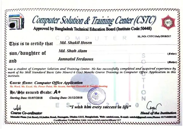 Diploma in Computer Office Application & Graphics Design certificate issued by Computer Solution & Training Center (BTEB)