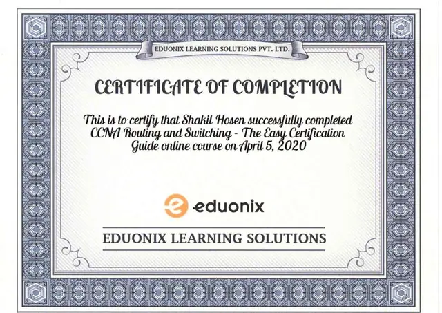 CCNA Routing & Switching (Networking) certificate issued by Eduonix Learning Solutions