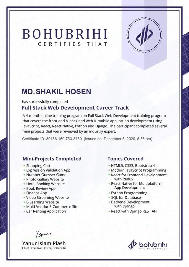 Full Stack Web Development Career Track certificate issued by Bohubrihi