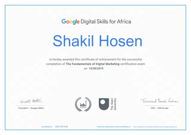 Google Certified Digital Marketer certificate issued by Google Inc. — Digital Skills