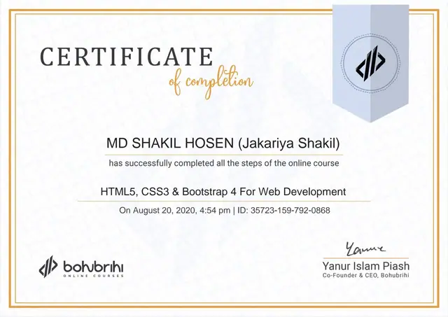 HTML5, CSS3 & Bootstrap 4 for Web Development certificate issued by Bohubrihi