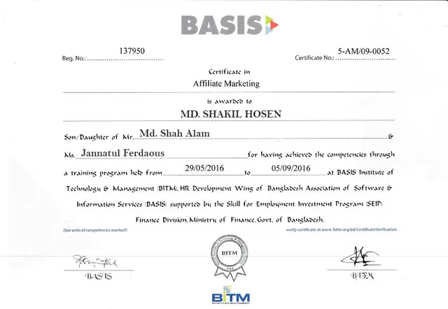 Certificate in Affiliate Marketing certificate issued by BASIS Institute of Technology & Management
